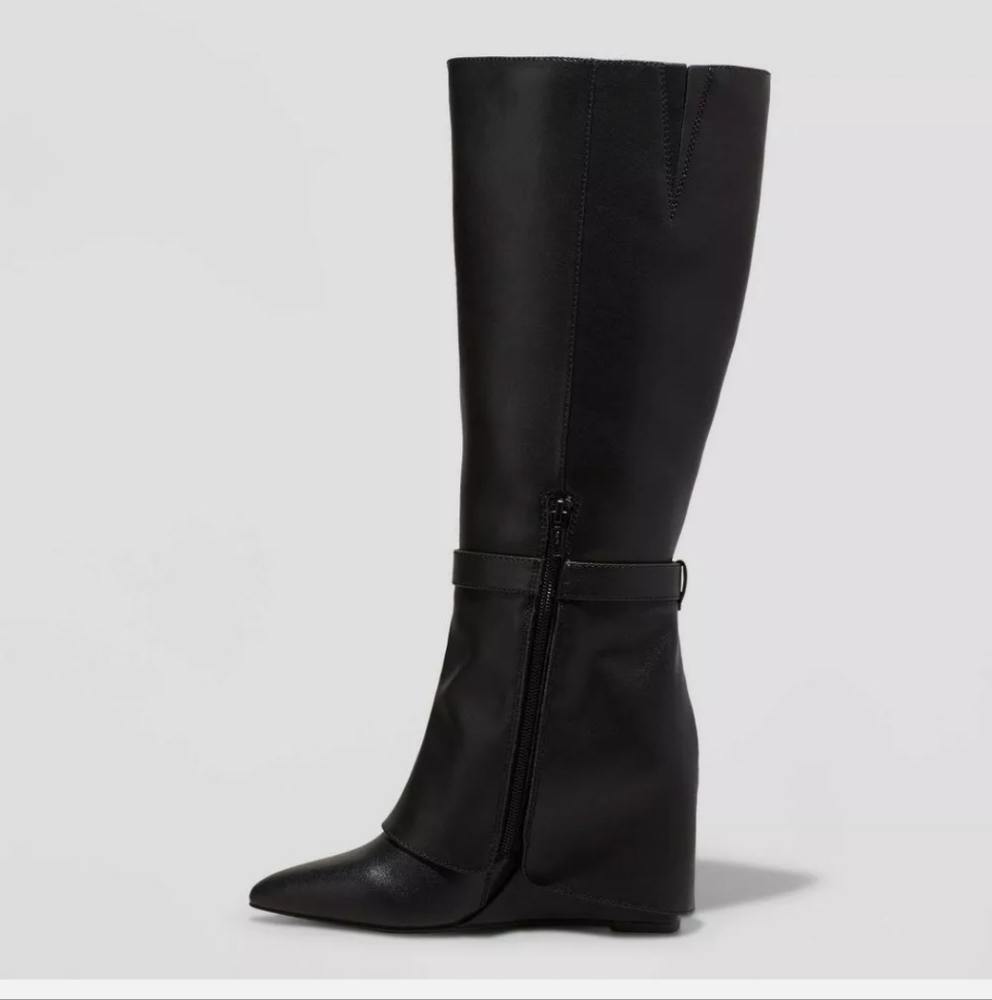 A New Day Women's Faux Leather Zipper Knee Dress Boots Wedge Heel - Picture 2 of 4